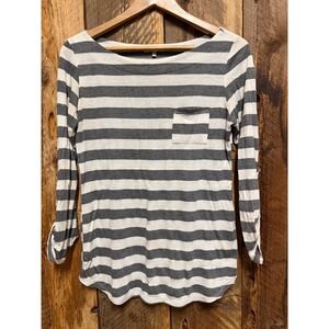 Striped Pocket Long Sleeve Top Womens L Linen Coastal Casual Minimalist Soft
